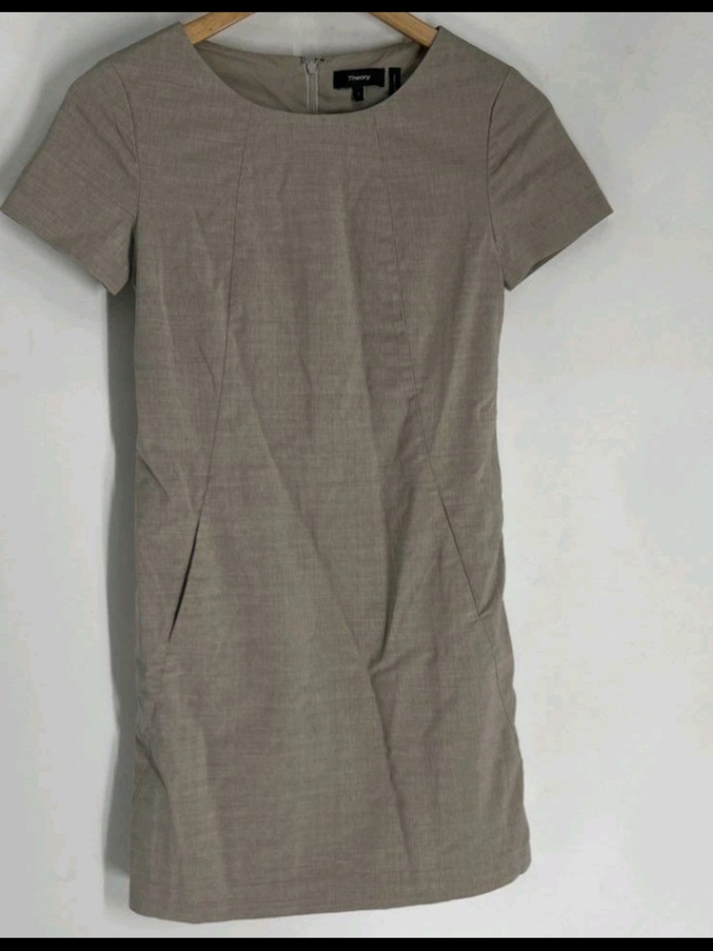 Theory Wool Short Sleeve Sheath Pocket Mini Dress in Taupe Heather Sz 2